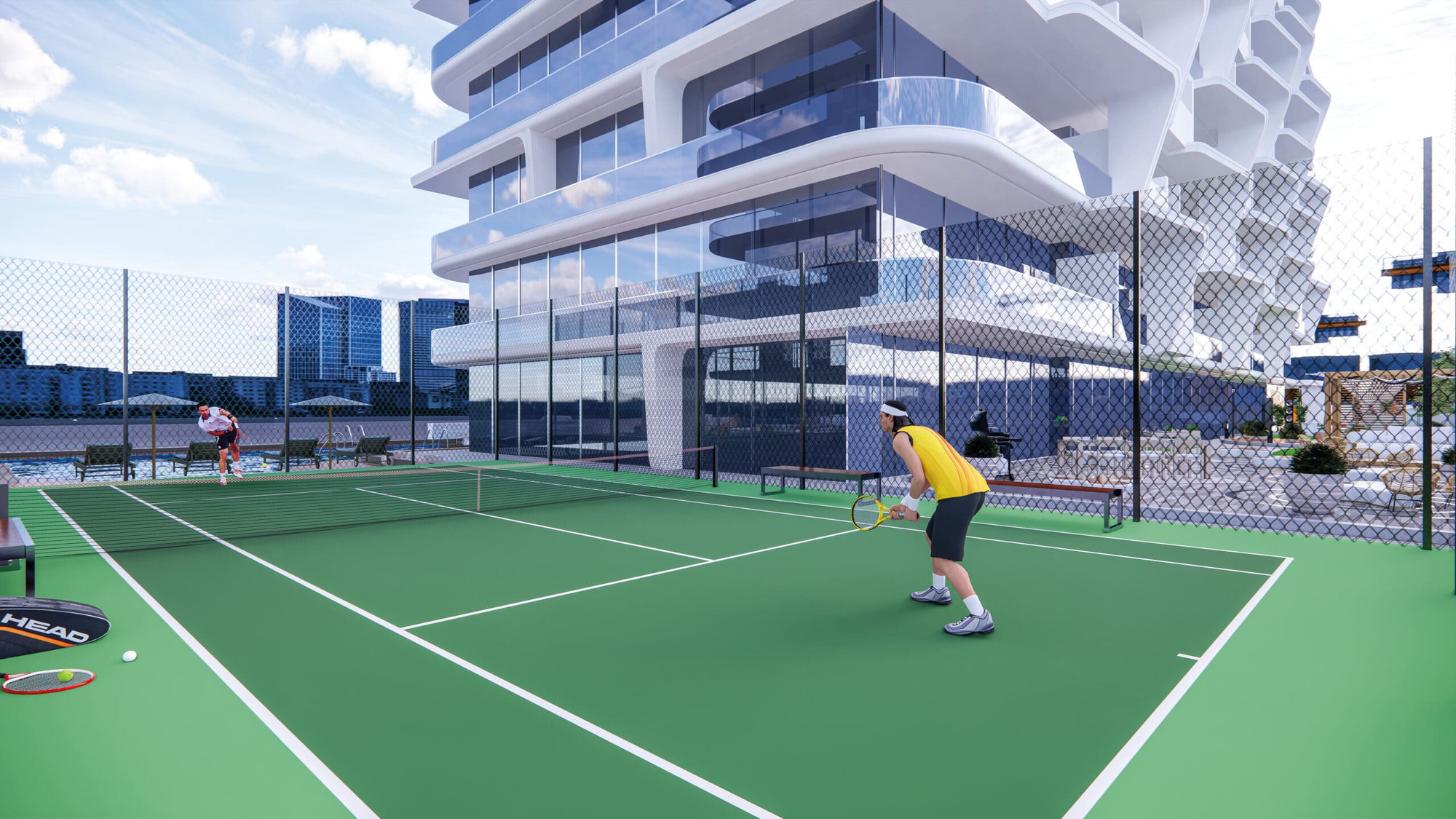 שני אנשים משחקים טניס במגרש חיצוני של SPORTZ ליד מגדל רב-קומות מודרני, כשברקע נראים בנייני העיר תחת שמיים כחולים ועננים. שני אנשים משחקים טניס במגרש חיצוני של SPORTZ ליד מגדל רב-קומות מודרני, כשברקע נראים בנייני העיר תחת שמיים כחולים ועננים.