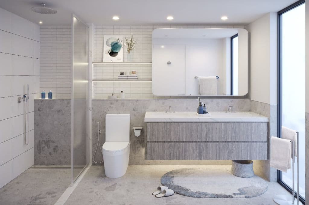 חדר רחצה מודרני ב-Kensington Waters הכולל מראה גדולה, כיור כפול, אסלה, מקלחון ומדפים בסגנון מינימליסטי. גוונים ניטרליים ואור טבעי יוצרים אווירה נקייה, מרווחת ושלווה. חדר רחצה מודרני ב-Kensington Waters הכולל מראה גדולה, כיור כפול, אסלה, מקלחון ומדפים בסגנון מינימליסטי. גוונים ניטרליים ואור טבעי יוצרים אווירה נקייה, מרווחת ושלווה.
