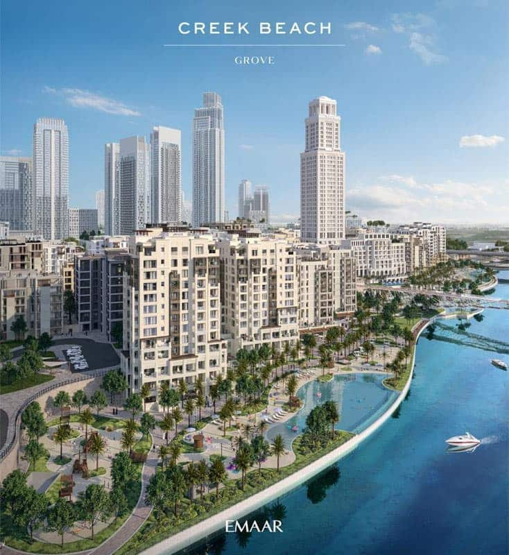 מתחם מגורים על שפת המים, Creek Beach Grove, כולל בניינים מודרניים רבי קומות, שבילים המוקפים בעצי דקל, צמחייה עבותה ונהר ציורי עם יאכטה. ברקע מתנשאים גורדי שחקים עירוניים. הכיתוב: Creek Beach Grove Emaar. מתחם מגורים על שפת המים, Creek Beach Grove, כולל בניינים מודרניים רבי קומות, שבילים המוקפים בעצי דקל, צמחייה עבותה ונהר ציורי עם יאכטה. ברקע מתנשאים גורדי שחקים עירוניים. הכיתוב: Creek Beach Grove Emaar.