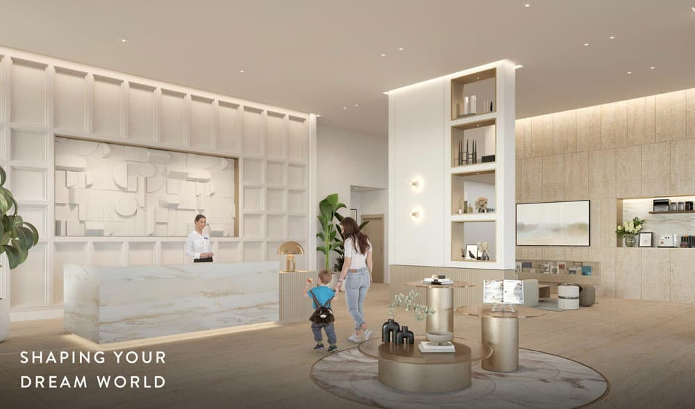 אזור הקבלה המודרני והאלגנטי ב-Berkeley’s Place כולל דלפק שיש, פקידת קבלה, אישה וילד, מדפי תצוגה ותאורה אלגנטית. בפינה נכתב: “מעצבים את עולם חלומותיכם”. אזור הקבלה המודרני והאלגנטי ב-Berkeley’s Place כולל דלפק שיש, פקידת קבלה, אישה וילד, מדפי תצוגה ותאורה אלגנטית. בפינה נכתב: "מעצבים את עולם חלומותיכם".