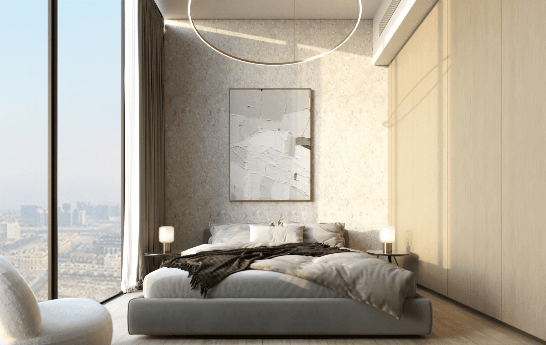 חדר שינה מודרני עם מיטה גדולה, מצעים בגוונים ניטרליים, קיר בעל מרקם מעוטר ביצירות אמנות מופשטות ושני שולחנות לילה עגולים, כולל חלונות מהרצפה עד התקרה המשקיפים על נוף מרהיב של המרינה. אור טבעי רך מאיר את החלל ומדגיש את הנוף העירוני. חדר שינה מודרני עם מיטה גדולה, מצעים בגוונים ניטרליים, קיר בעל מרקם מעוטר ביצירות אמנות מופשטות ושני שולחנות לילה עגולים, כולל חלונות מהרצפה עד התקרה המשקיפים על נוף מרהיב של המרינה. אור טבעי רך מאיר את החלל ומדגיש את הנוף העירוני.
