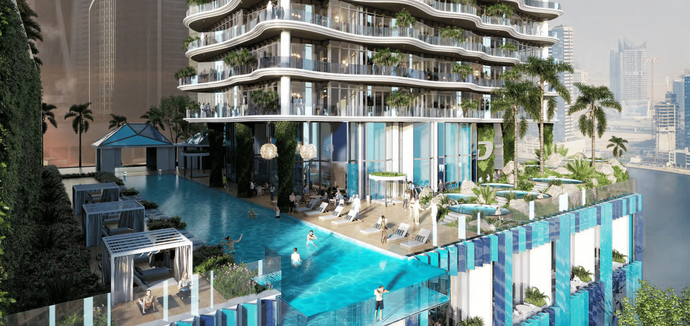 מגדל יוקרתי ומודרני של נדל”ן יוקרתי, CHIC Tower מבית De Grisogono, כולל מרפסות מעוגלות עם צמחייה, בריכת אינסוף גדולה, מיטות שיזוף, בקתות נופש, ואנשים המבלים בנחת תוך שהם משקיפים על נוף עירוני מרהיב ועל קו החוף. מגדל יוקרתי ומודרני של נדל"ן יוקרתי, CHIC Tower מבית De Grisogono, כולל מרפסות מעוגלות עם צמחייה, בריכת אינסוף גדולה, מיטות שיזוף, בקתות נופש, ואנשים המבלים בנחת תוך שהם משקיפים על נוף עירוני מרהיב ועל קו החוף.