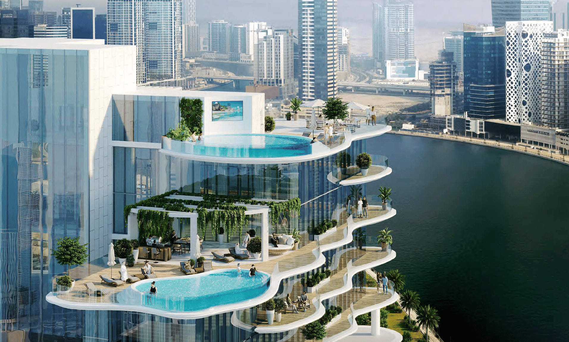 מגדל רב-קומות מודרני, ה-CHIC Tower מבית De Grisogono, מציג נכסי יוקרה הכוללים מרפסות מעוגלות ומדורגות, בריכות אינסוף מפוארות ואזורי טרקלין אלגנטיים המשקיפים על נהר ציורי ונוף עירוני תוסס. מגדל רב-קומות מודרני, ה-CHIC Tower מבית De Grisogono, מציג נכסי יוקרה הכוללים מרפסות מעוגלות ומדורגות, בריכות אינסוף מפוארות ואזורי טרקלין אלגנטיים המשקיפים על נהר ציורי ונוף עירוני תוסס.
