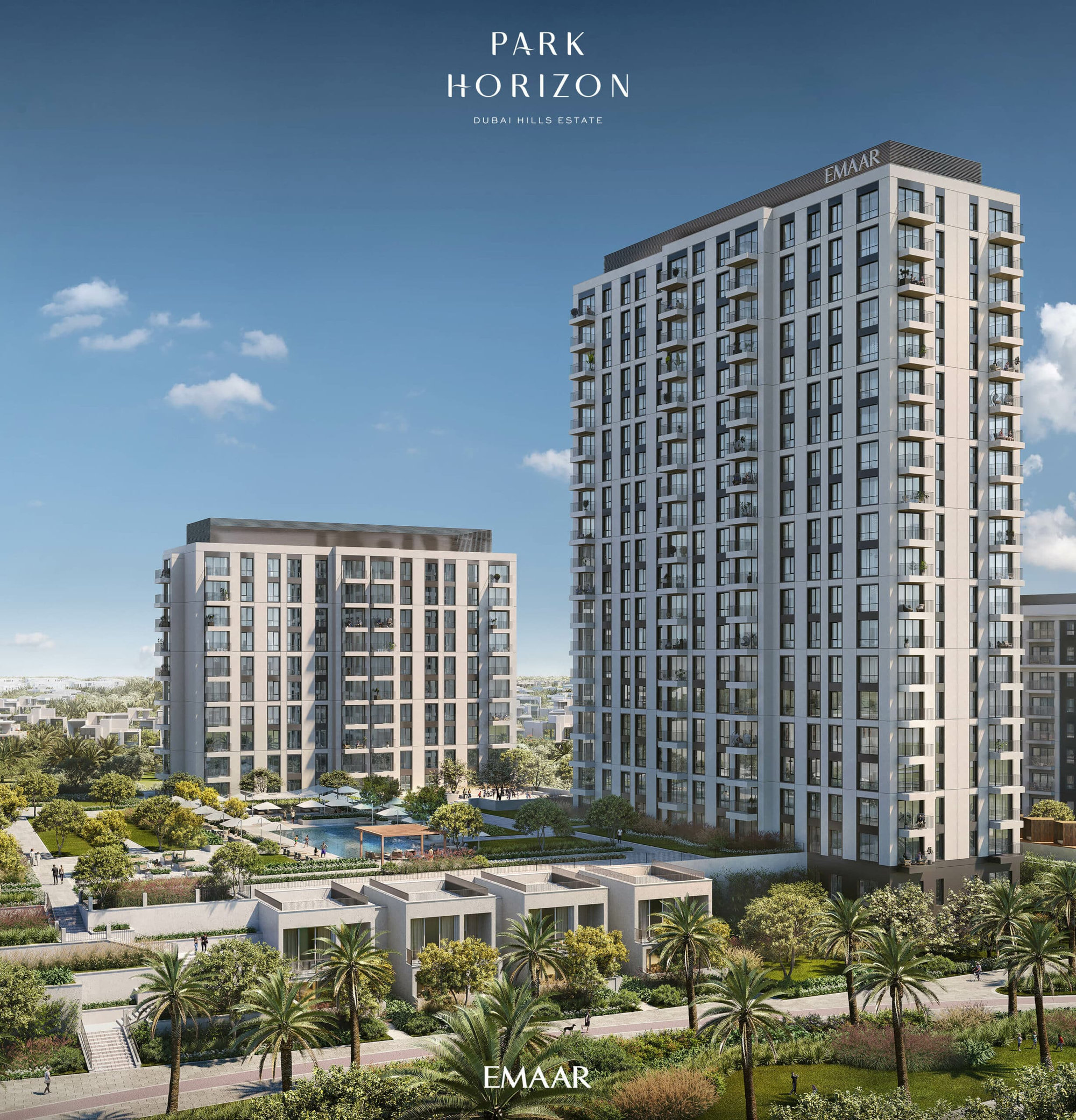 הדמיה דיגיטלית של פרויקט PARK HORIZON באזור Dubai Hills Estate, מבית EMAAR, מציגה שני בנייני דירות מודרניים רבי קומות, שטחי גינון, עצי דקל ושמיים כחולים ברקע. הדמיה דיגיטלית של פרויקט PARK HORIZON באזור Dubai Hills Estate, מבית EMAAR, מציגה שני בנייני דירות מודרניים רבי קומות, שטחי גינון, עצי דקל ושמיים כחולים ברקע.