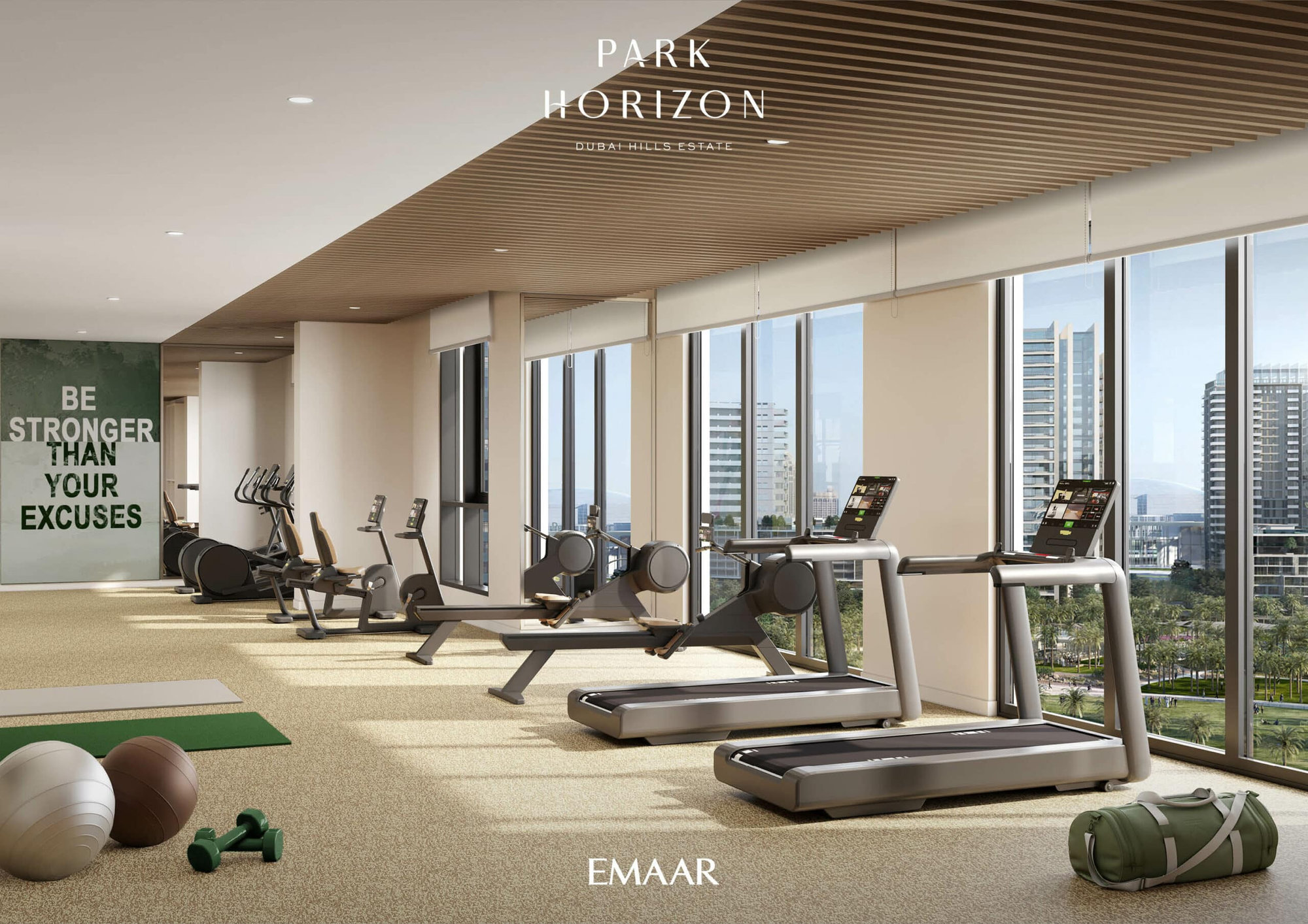 חדר הכושר המודרני ב-PARK HORIZON כולל הליכונים, אופני כושר ומזרנים הממוקמים ליד חלונות גדולים המשקיפים על העיר. שלט מעורר מוטיבציה קורא: “היה חזק יותר מהתירוצים שלך”. ניתן לראות במקום גם כדורי יוגה ומשקולות. חדר הכושר המודרני ב-PARK HORIZON כולל הליכונים, אופני כושר ומזרנים הממוקמים ליד חלונות גדולים המשקיפים על העיר. שלט מעורר מוטיבציה קורא: "היה חזק יותר מהתירוצים שלך". ניתן לראות במקום גם כדורי יוגה ומשקולות.