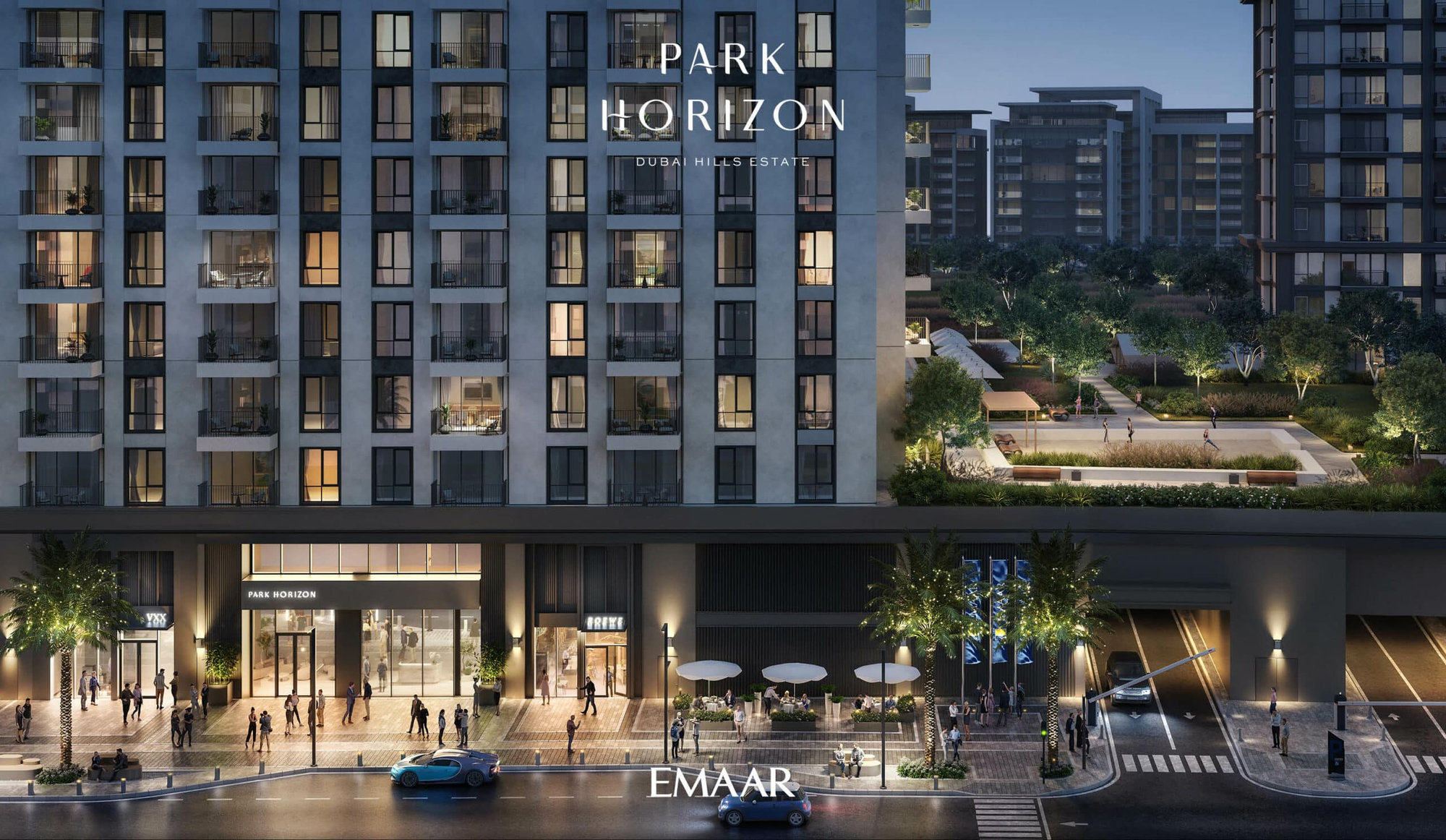 נוף לילי של PARK HORIZON, מתחם Dubai Hills Estate. בבניין הדירות המודרני נראים חלונות מוארים, מרפסת מעוצבת, חנויות בקומת הקרקע, הולכי רגל, מכוניות חונות ורחובות משובצים בעצים. בתחתית התמונה נראית הכיתוב “Emaar”. נוף לילי של PARK HORIZON, מתחם Dubai Hills Estate. בבניין הדירות המודרני נראים חלונות מוארים, מרפסת מעוצבת, חנויות בקומת הקרקע, הולכי רגל, מכוניות חונות ורחובות משובצים בעצים. בתחתית התמונה נראית הכיתוב "Emaar".