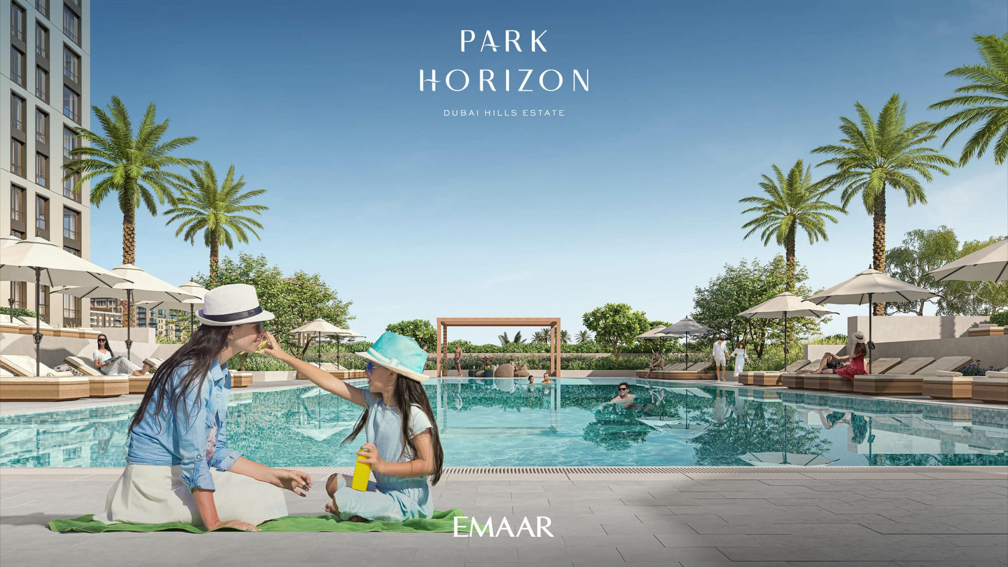 שתי ילדות עם כובעים יושבות ליד הבריכה ב-PARK HORIZON, צוחקות ומשחקות. מיטות שיזוף, שמשיות, עצי דקל ואנשים המבלים בנחת יוצרים תמונה תוססת. הכיתוב אומר: Park Horizon Dubai Hills Estate EMAAR. שתי ילדות עם כובעים יושבות ליד הבריכה ב-PARK HORIZON, צוחקות ומשחקות. מיטות שיזוף, שמשיות, עצי דקל ואנשים המבלים בנחת יוצרים תמונה תוססת. הכיתוב אומר: Park Horizon Dubai Hills Estate EMAAR.