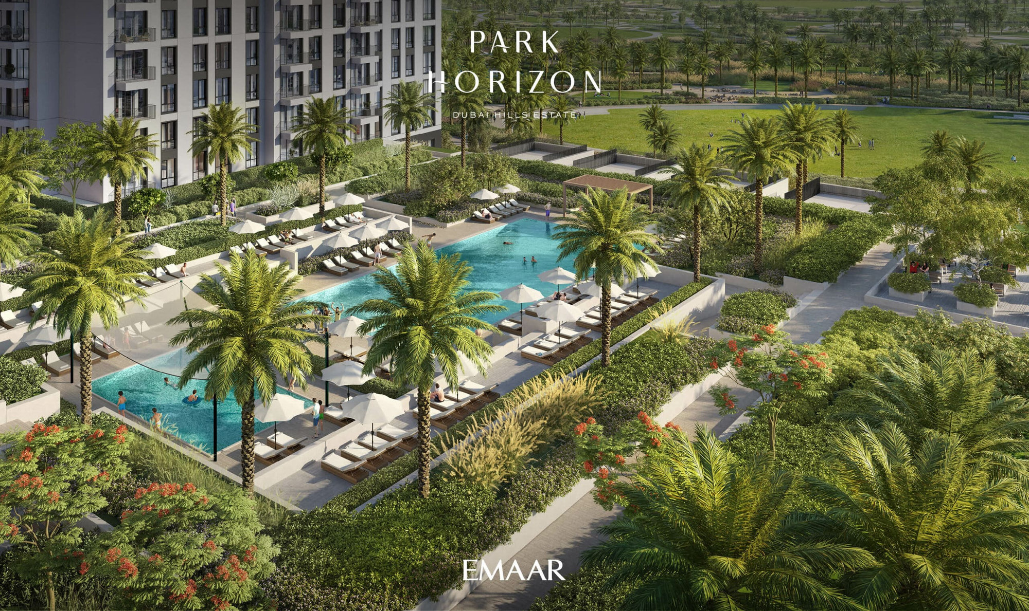 מבט אווירי על מתחם מגורים מודרני, PARK HORIZON, הכולל בריכת שחייה, כסאות נוח, שמשיות ועצי דקל בתוך גנים מעוצבים לצד פארק גדול. הכיתוב: Park Horizon Dubai Hills Estate Emaar. מבט אווירי על מתחם מגורים מודרני, PARK HORIZON, הכולל בריכת שחייה, כסאות נוח, שמשיות ועצי דקל בתוך גנים מעוצבים לצד פארק גדול. הכיתוב: Park Horizon Dubai Hills Estate Emaar.