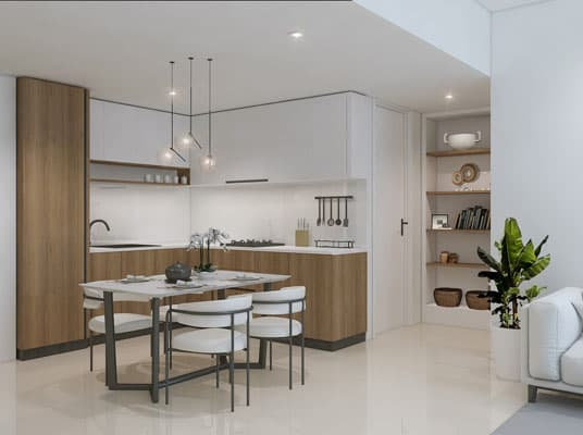מטבח מודרני ב-Prime Residency 3 עם ארונות מעץ ולבנים, שולחן אוכל לארבעה סועדים, מנורות תלייה, מדפים פתוחים עם פריטי נוי ועציץ לצד ספה לבנה. החלל מואר ומינימליסטי. מטבח מודרני ב-Prime Residency 3 עם ארונות מעץ ולבנים, שולחן אוכל לארבעה סועדים, מנורות תלייה, מדפים פתוחים עם פריטי נוי ועציץ לצד ספה לבנה. החלל מואר ומינימליסטי.