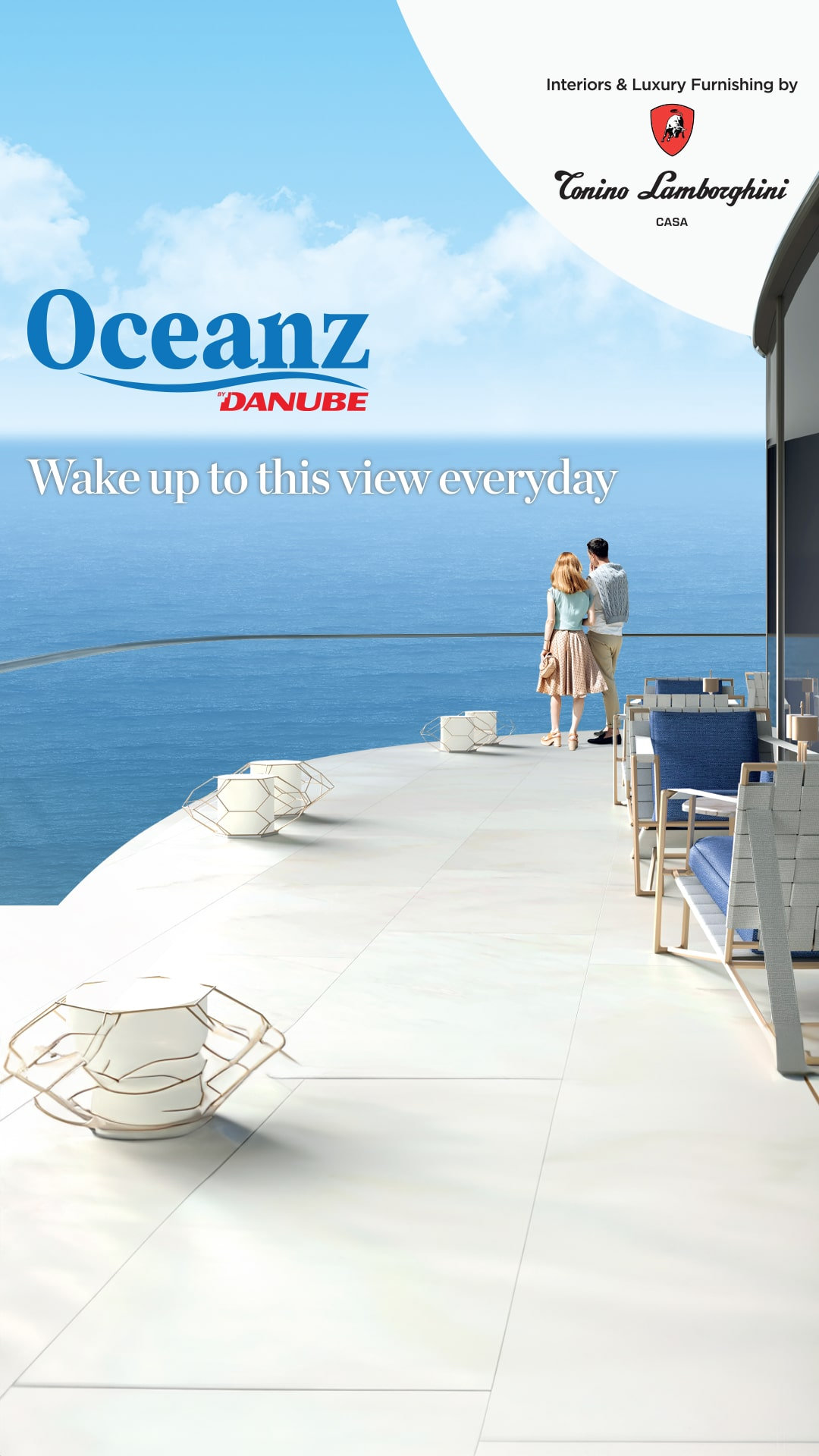 מרפסת מודרנית בפרויקט Oceanz by Danube, עם ריצוף לבן, כורסאות נוחות מסוגננות ותאורה דקורטיבית, משקיפה על אוקיינוס כחול ורחב ידיים. אישה וילד הולכים יד ביד, נהנים מהנוף השטוף שמש. הכיתוב אומר: “תתעוררו לנוף הזה כל בוקר”. מרפסת מודרנית בפרויקט Oceanz by Danube, עם ריצוף לבן, כורסאות נוחות מסוגננות ותאורה דקורטיבית, משקיפה על אוקיינוס כחול ורחב ידיים. אישה וילד הולכים יד ביד, נהנים מהנוף השטוף שמש. הכיתוב אומר: "תתעוררו לנוף הזה כל בוקר".