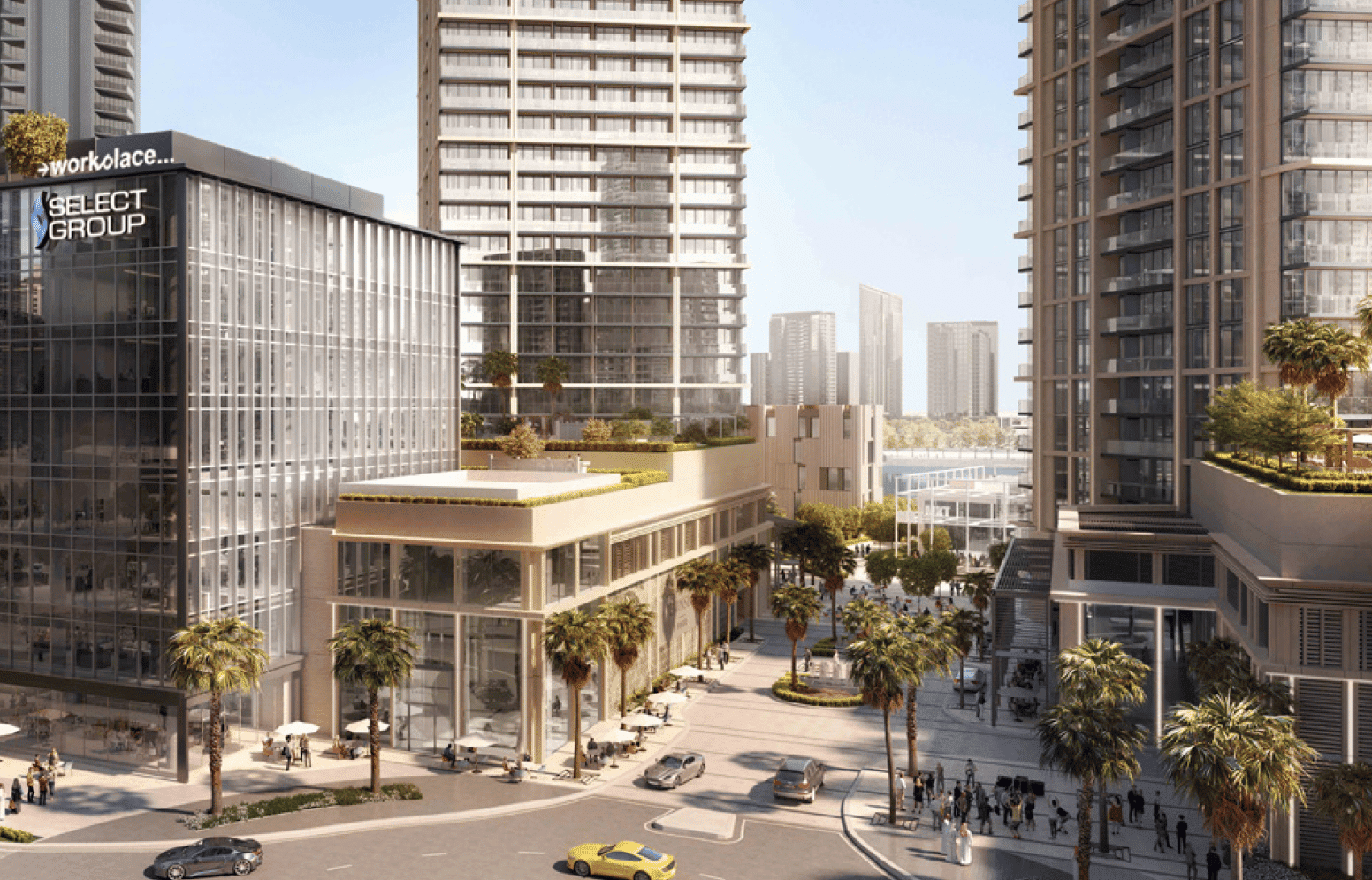 נוף עירוני מודרני עם בנייני זכוכית גבוהים, עצי דקל המשתרעים לאורך הרחובות, בתי קפה בחוץ ומכוניות. הולכי רגל פוסעים על המדרכות, ובניין משרדים בולט נושא שלט עם הכיתוב “workplace… SELECT GROUP”. מזג אוויר בהיר ושטוף שמש. נוף עירוני מודרני עם בנייני זכוכית גבוהים, עצי דקל המשתרעים לאורך הרחובות, בתי קפה בחוץ ומכוניות. הולכי רגל פוסעים על המדרכות, ובניין משרדים בולט נושא שלט עם הכיתוב "workplace... SELECT GROUP". מזג אוויר בהיר ושטוף שמש.