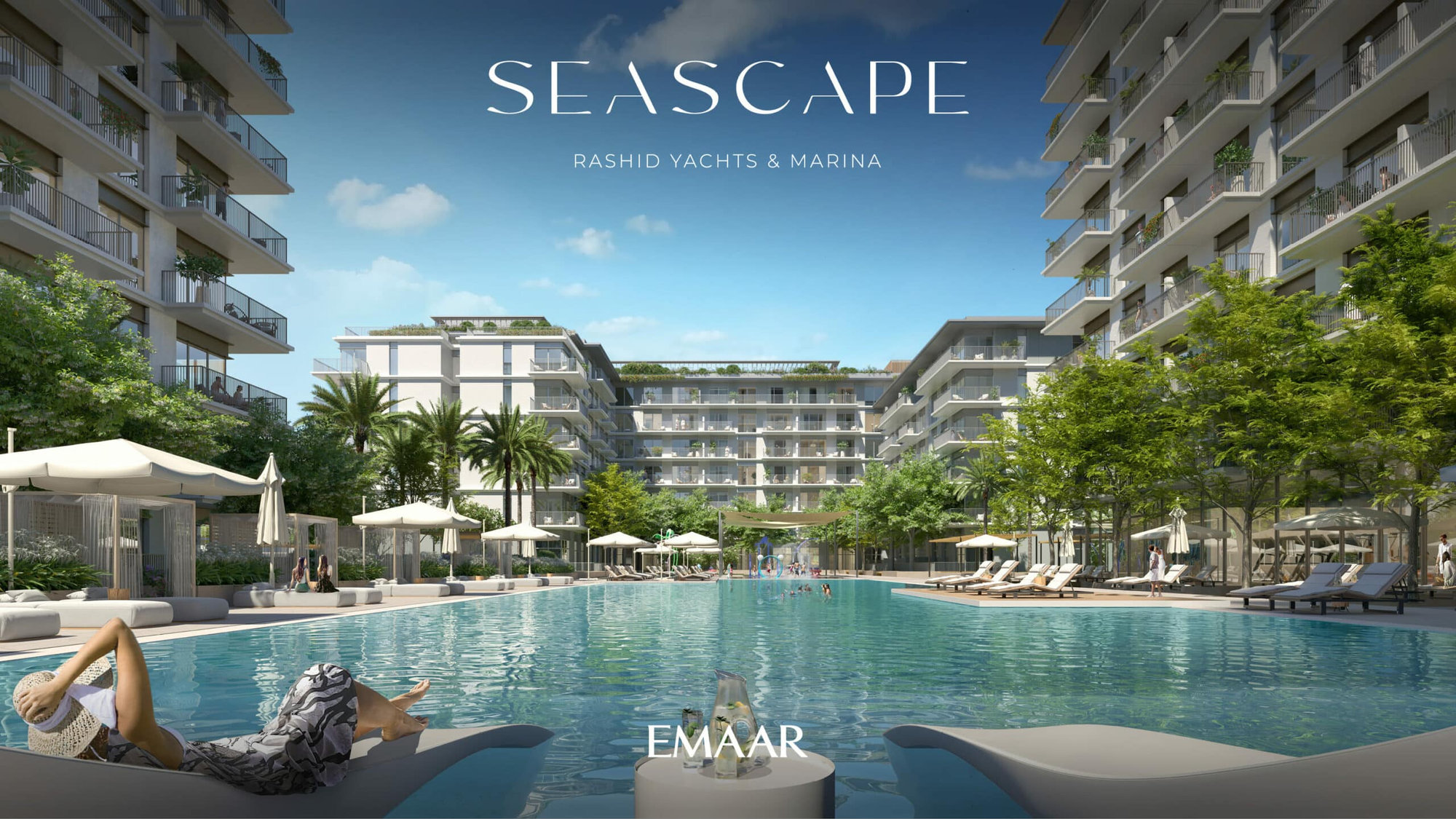 מתחם מגורים יוקרתי על קו החוף ב-Seascape, הכולל בניינים מודרניים רב-קומתיים, עצי דקל ובריכת שחייה מרכזית גדולה. אנשים נרגעים על כיסאות הנוח לצד הבריכה במתחם Marina Rashid Yachts & EMAAR. מתחם מגורים יוקרתי על קו החוף ב-Seascape, הכולל בניינים מודרניים רב-קומתיים, עצי דקל ובריכת שחייה מרכזית גדולה. אנשים נרגעים על כיסאות הנוח לצד הבריכה במתחם Marina Rashid Yachts & EMAAR.