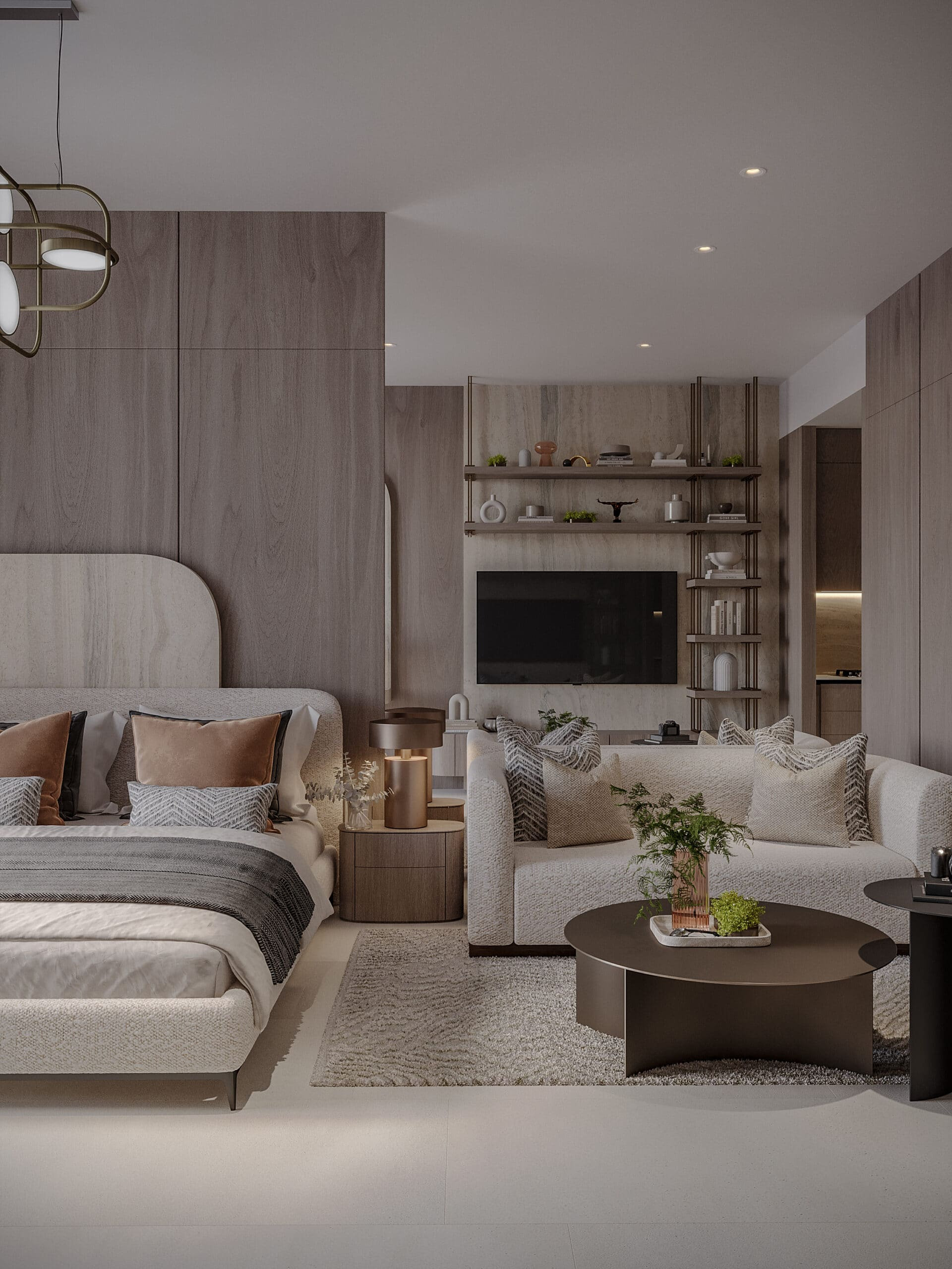 דירת סטודיו מודרנית מסוג “Pearl House 3” בעיצוב בגוונים ניטרליים כוללת מיטה עם כריות, ספה נעימה, שולחן קפה עגול עם עציצים, מדפים תלויים על הקיר וטלוויזיה מובנית המוצבת על רקע קירות מחופים בלוחות עץ. דירת סטודיו מודרנית מסוג "Pearl House 3" בעיצוב בגוונים ניטרליים כוללת מיטה עם כריות, ספה נעימה, שולחן קפה עגול עם עציצים, מדפים תלויים על הקיר וטלוויזיה מובנית המוצבת על רקע קירות מחופים בלוחות עץ.
