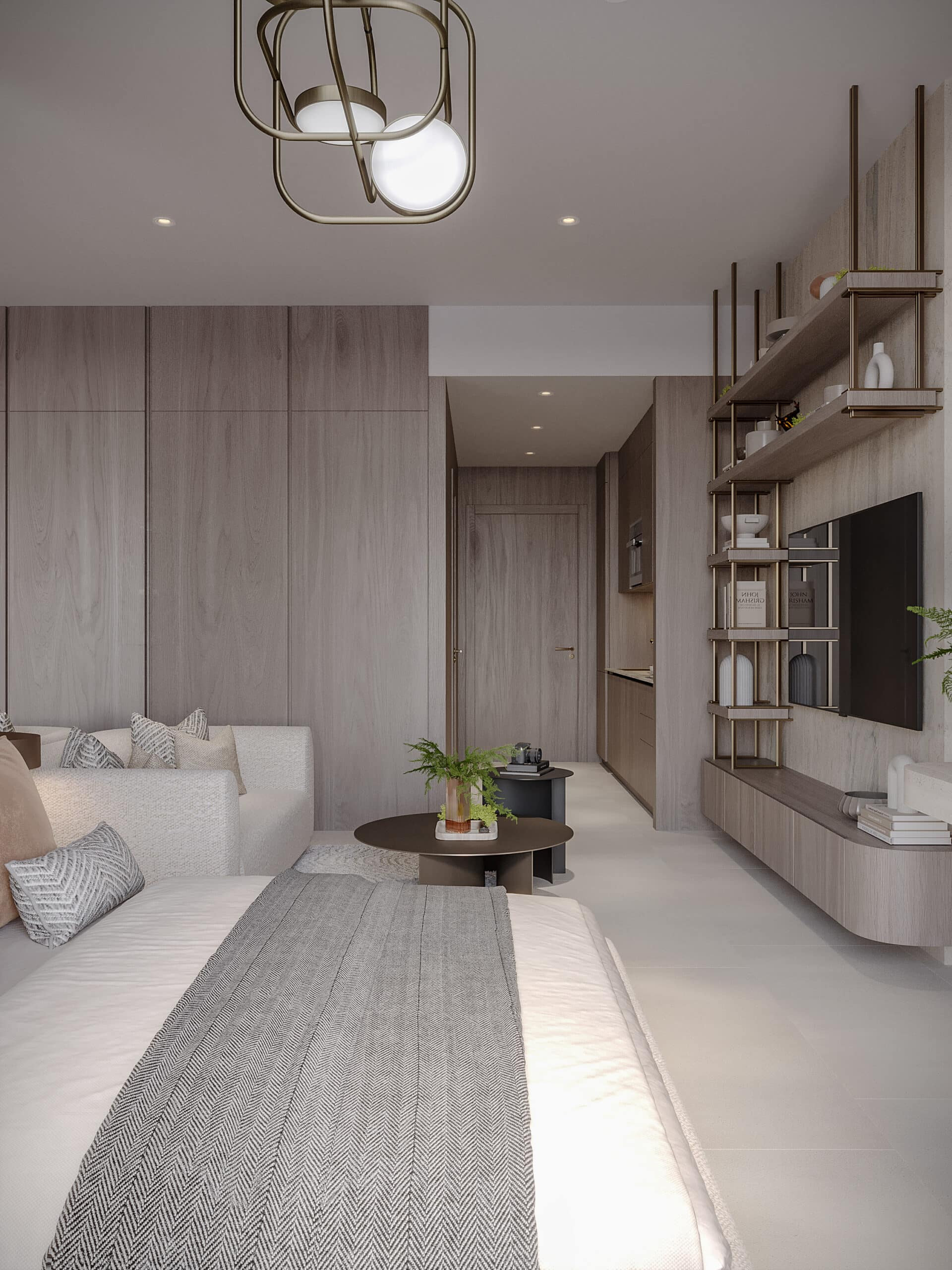 דירת 3 חדרי שינה מודרנית ומינימליסטית ב-Pearl House, עם קירות מחופים בלוחות עץ בהירים, מיטה עם מצעים באפור ולבן, ספה לבנה, שולחנות קפה עגולים, מדפים תלויים על הקיר וטלוויזיה עם מסך שטוח. החלל משדר תחושה מוארת ומסודרת. דירת 3 חדרי שינה מודרנית ומינימליסטית ב-Pearl House, עם קירות מחופים בלוחות עץ בהירים, מיטה עם מצעים באפור ולבן, ספה לבנה, שולחנות קפה עגולים, מדפים תלויים על הקיר וטלוויזיה עם מסך שטוח. החלל משדר תחושה מוארת ומסודרת.