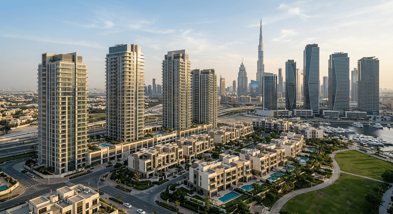 Comparison of property types in Dubai with a central table showcasing key features