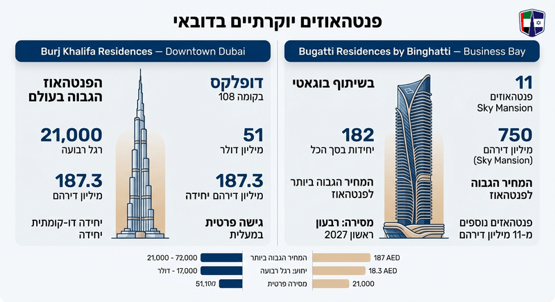 פנטהאוז בדובאי: מחירים, תשואות ופרויקטים למשקיע הישראלי Comparison of luxury penthouses in Dubai, highlighting Burj Khalifa and Bugatti Residences.
