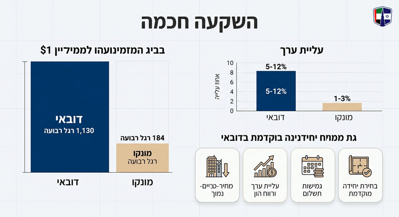 Off Plan בדובאי: איך עובד המנגנון, מה מגן עליכם ומתי זה כדאי Comparison of off-plan property sizes and prices in Dubai and Monaco.