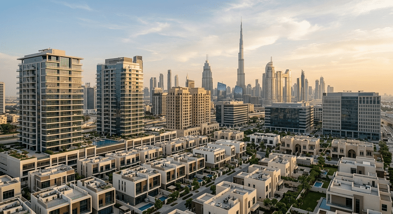 Aerial view of Dubai showcasing various property types available for purchase.