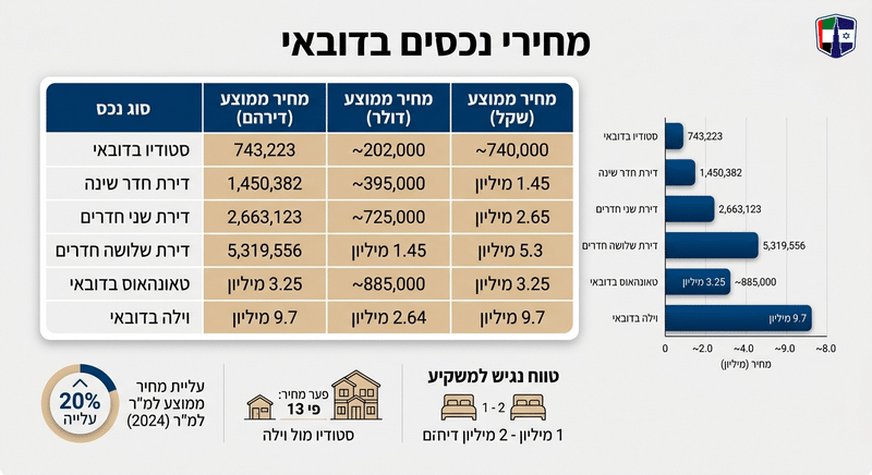 מחירי נדל"ן בדובאי: כמה עולה נכס ומה משפיע על התמחור Average property prices in Dubai: studio, 1-bedroom, 2-bedroom, 3-bedroom, townhouse, villa.